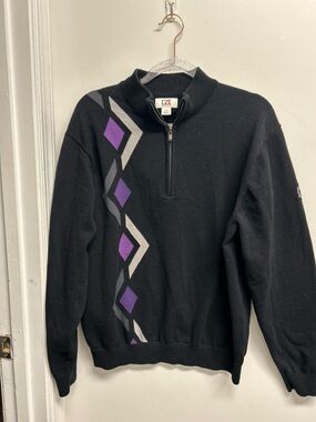 Men's Black Quarter-Zip Sweater with Purple Diamond Accent